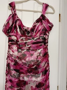 Carmen Marc Valvo Pink and Black Floral Silk Dress